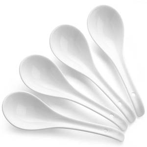 lot 55661 image: DOWAN Soup Spoons, Ceramic Asian Soup Spoons, White Japanese Spoon Large for Ramen Pho Wonton Dumpling Miso, Deep Oval Hook Design, Set of 4 (4, Soft white) - Retail $10