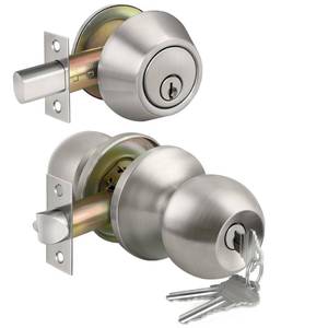 lot 55665 image: BESTTEN Keyed Same Exterior Door Knob and Single Cylinder Deadbolt Combo Set, Keyed Alike Entry Door Knobs with Lock and Keys for Entrance and Front Door, Satin Nickel - Retail $17