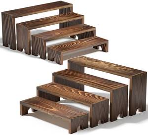 lot 55669 image: 2 Set Wooden Tiered Risers Display Stands for Vendor Events,Stackable Wooden Cupcake Display Stand,Farmhouse Decor Wood Dessert Table Display Set,Vendor Booth Display Items,Food Display Risers for Party 12-11.2-10.4-9.6IN - Retail $25