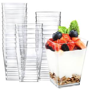 lot 55670 image: Eupako 50 Pack 5 oz Square Clear Plastic Dessert Cups Small Clear Plastic Tumbler Cups Great for Desserts, Appetizers, Puddings, Mousse and More - Retail $16