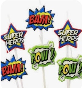 lot 3080 image: Lot of 3, Superhero Pick Candles, 6 Per Pack (18 Total), Super Hero Themed Birthday Cake Candles, Birthday Party Supplies and Decorations, Cake Topper, Cupcake Topper