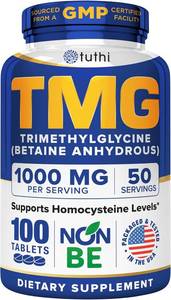 lot 3098 image: Tuthi TMG Supplement   1000mg Trimethylglycine   Betaine Amino Acid for Cardiovascular Support and Healthy Homocysteine Levels   100 Vegan Tablets   Gluten-Free, Non-GMO   Made in USA BB 726