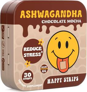 lot 3107 image: Happy Strips Organic Ashwagandha KSM 66 & GABA for Stress Relief, Calmness, Sleep - Fast-Acting & Rapid-Dissolving, Chocolate Mocha Flavored, Organic, Vegan, Sugar-Free - 30 Count. BB Aug 2024