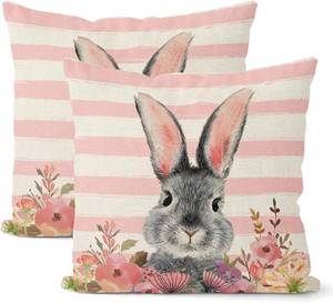 lot 3145 image: Easter Pillow Covers 18x18 Set of 2, Easter Pink Stripes Bunny Throw Pillow Covers Spring Flowers Decorative Farmhouse Pillowcase Easter Decor for Home Couch Sofa Outdoor