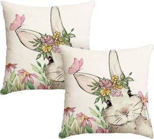 lot 3148 image: AVOIN colorlife Easter Floral Garland Bunny Throw Pillow Cover, 18 x 18 Inch Spring Rabbit Holiday Cushion Case Decoration for Sofa Couch Set of 2