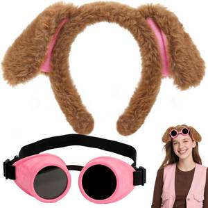 lot 3173 image: H-Style Brown Dog Ears Headband and Pink Steampunk Goggles Set, Adult Women Halloween Costume Accessories, Dog-Themed Cosplay Party Outfit