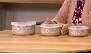 lot 6003 image: Temp-tations Set of 3 Enamel on Steel Bowls with Storage Lids Taupe