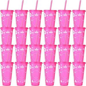 lot 6005 image: 24 Pcs Hot Pink Plastic Cups with Lids and Straws Bulk 24 oz Glitter Reusable Tumblers for Party Iced Coffee Cups Travel Mug Smoothie Juices for Girls Birthday Sleepover Party Supplies