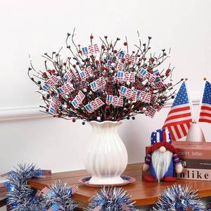 lot 6078 image: Alupssuc 8 Pcs 4th of July Patriotic Artificial Berry Stem Picks White Blue Red Pearls and American Flags for Independence Day Memorial Day, Home Office Restaurant Party Vase D cor