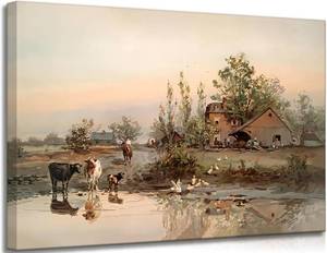 lot 6080 image: HLEOXPY Framed American Farm 90s Canvas Wall Art Retro Country Cows Farmhouse Barn Landscape Watercolor Painting Picture Wall Decor Poster Print Artwork for Living Room Office Bedroom Home Decoration