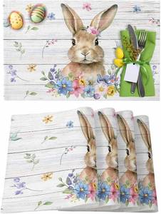 lot 6082 image: Easter Placemats Set of 6 Bunny Spring Flowers Easter Placemats for Dining Table Watercolor Wood Grain Table Mat Spring Holiday Home Party Kitchen Table Decorations Decor Set of 6