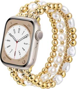 lot 6130 image: AIRSPO Gold Beaded Bracelets Compatible for Apple Watch Band 38mm 40mm 41mm Women, 14K Gold Plated Bead iPhone Watch Bands Elastic Stretchy Strap for iWatch Series SE 8 7 6 5 4 3 2 1,Large
