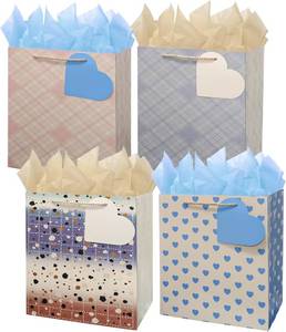 lot 6160 image: PrintGuru 9  Medium Size Gift Bags, Assorted Plaid Pattern Gift Bags with Tissue Paper and Gift Tags for Birthday, Party Favor, Baby Shower, Wedding, Holiday Presents, 4 Pack, 7 W x 9 H x 4 D