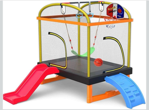lot 39206 image: LANGXUN 6.5Ft 7-in-1 Rectangle Trampoline for Kids, with Climb, Slide, Swing, Basketball Hoop, Multi-Functional Indoor Outdoor Baby Toddler Mini Trampoline for Girls and Boys Birthday Gift, Age 1-10 - Retail $349