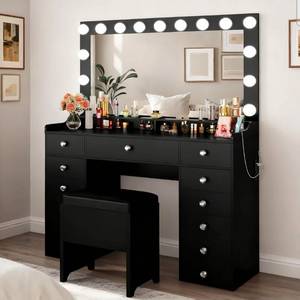 lot 39207 image: IRONCK Vanity Desk with 13 Drawers, 40.9 Large Mirror and 15 LED Lights, Makeup Vanity Table with Power Outlet, Storage Stool, 3 Adjustable Light Colors, Black - Retail $399