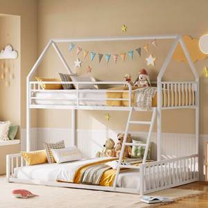 lot 39208 image: LIKIMIO Bunk Bed Twin Over Full Size, House Bunk Bed Frame with Ladder and Guardrail, House Shaped with Metal Slats Support No Box Spring Needed Space Saving for Bedroom and Dorm, White - Retail $205