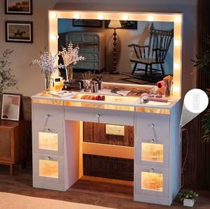 lot 39209 image: Makeup Vanity Desk with Mirror and Lights, Glass Top Vanity Table with 7 Large Lighted Drawers, Makeup Desk with Power Outlet for Women & Grils, Dressing Table for Bedroom, White - Retail $279