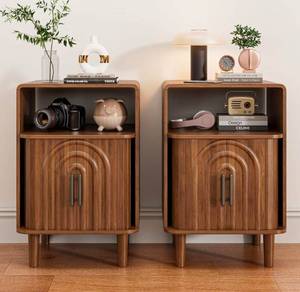 lot 39210 image: Mid Century Modern Nightstand Set of 2, Small Bedside Table with Door, Fluted Side Table, Vintage Night Stand with Storage, Rustic Wooden End Table, for Bedroom, Walnut, Dark Brown - Retail $129