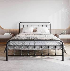 lot 39211 image: Vintage Queen Size Bed Frame with Headboard and Footboard Mattress Heavy Duty Metal Platform, Steel Slat Support (Queen, Black) - Retail $165