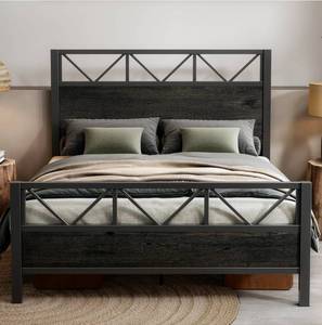 lot 39212 image: LIKIMIO Queen Bed Frame, Tall Industrial Headboard 51.2 , Platform Bed Frame with Strong Metal Support, Solid and Stable, Noise Free, No Box Spring Needed, Easy Assembly, Charcoal Grey - Retail $151