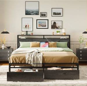 lot 39213 image: LIKIMIO California King Bed Frame with Storage Headboard, Platform Bed with Drawers and Charging Station, No Box Spring Needed, Easy Assembly, Charcoal Grey - Retail $222
