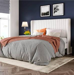 lot 39214 image: Allewie Queen Size Velvet Bed FrameVertical Channel Tufted Wingback HeadboardUpholstered Platform BedStrong Wooden SlatsNo Box Spring NeededEasy AssemblyWhite - Retail $186