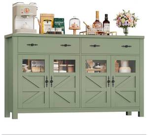lot 39215 image: FINETONES Sideboard Buffet Cabinet with Storage, 55 Long Buffet Cabinet with 4 Doors & 2 Large Drawers, Modern Sideboard Coffee Bar Console Table for Kitchen, Green - Retail $339