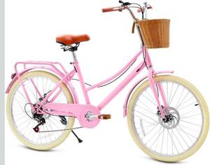 lot 39216 image: Retro Cruiser Bike for Girls, 20 24 Inch 7-Speed Kids Bicycles for Ages 6-14 Girls Youth with Rattan Basket, Dual-Disc Brake Carbon Steel Frame Lightweight Bicycle, Light Pink - Retail $176
