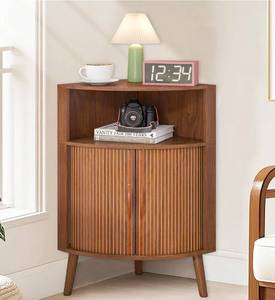 lot 39220 image: Bathroom Corner Storage Cabinet, 31.5H Small Floor Corner Cabinet with 2 Fluted Doors and Shelves, Freestanding Narrow Cabinets Organizer for Living Room, Kitchen (Walnut, 31.5H) - Retail $119