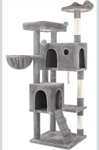 lot 39221 image: WEEWAY 63in Cat Tree Tower for Indoor Cats, Multi-Level Activity Center with Unique Feline Ear-Style Perch, 2 Cozy Condos, Climbing Ladder, Sisal Scratching Posts, Hanging Balls, Grey - Retail $269