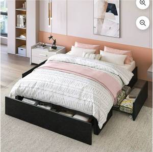 lot 39225 image: Allewie Queen Size Platform Bed Frame with 3 Storage Drawers, Faux Black Leather  - Retail $181