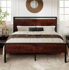 lot 39226 image: Allewie Queen Size Platform Bed Frame with Wooden Headboard and Footboard, Heavy Duty 12 Metal Slats Support, No Box Spring Needed, Under-Bed Storage, Noise Free, Easy Assembly, Mahogany - Retail $148