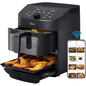 lot 39232 image: Midea 8 in 1 Dual Air Fryer 11 Quart with 2 Independent Baskets Clear Windows  Smart Sync Finish  3 Heating Tubes  Wi-Fi Connectivity&50 App Recipes For Family-Sized Meals - Retail $160