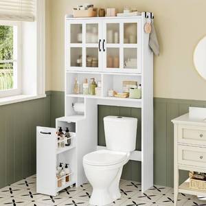 lot 39242 image: Over The Toilet Storage Cabinet with Pulley Small Bathroom Storage Cabinet, Space Saver WAdjustable Shelf & Glass Doors for Bathroom, Restroom, Laundry - Retail $129
