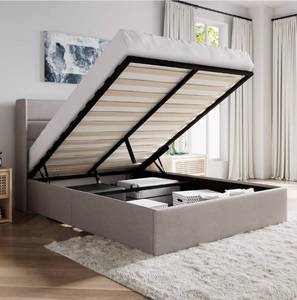 lot 39244 image: SHA CERLIN Queen Size Lift Up Storage BedModern Wingback HeadboardUpholstered Platform Bed FrameHydraulic StorageNo Box Spring NeededWood Slats SupportLight Beige - Retail $269