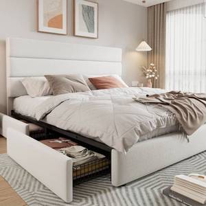lot 39246 image: Allewie Modern King Size Platform Bed Frame with 4 Storage Drawers and Velvet Upholstered Headboard, Wooden Slats Support, Upholstered Mattress FoundationNo Box Spring NeededEasy Assembly, White - Retail $369