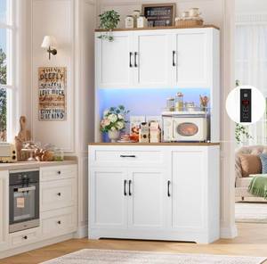 lot 39247 image: HIFIT 71 LED Pantry Cabinet with Power Outlet, Tall Kitchen Hutch Storage Cabinet with Microwave Stand & 6 Door Shelves, Modern Food Pantry Cabinets with Drawer for Kitchen Dining Living Room, White - Retail $259
