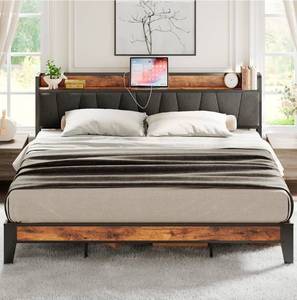 lot 39248 image: LIKIMIO King Size Bed Frame, Storage Headboard with Charging Station, Solid and Stable, Noise Free, No Box Spring Needed, Easy Assembly - Retail $185