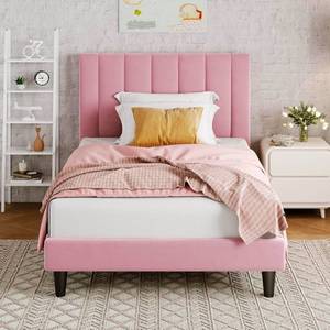 lot 39249 image: Allewie Twin Bed FrameVelvet Upholstered Bed Frame with Vertical Channel Tufted HeadboardStrong Wooden SlatsPlatform Bed FrameMattress FoundationBox Spring OptionalEasy AssemblyPink - Retail $124