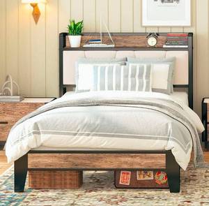 lot 39252 image: LIKIMIO Twin Bed Frames, Storage Headboard with Charging Station, Solid and Stable, Noise Free, No Box Spring Needed, Easy Assembly (Walnut and Beige) - Retail $116