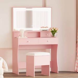 lot 39253 image: IRONCK Vanity Desk with LED Lighted Mirror & Power Outlet, Makeup Vanities Table with 4 Drawers,Storage Bench,for Bedroom Pink - Retail $149