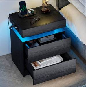 lot 39256 image: LIKIMIO Night Stand with Charging Station, Modern Black Nightstand with LED Light and Drawers, Bedside TablesEnd Table for Bedroom - Retail $95
