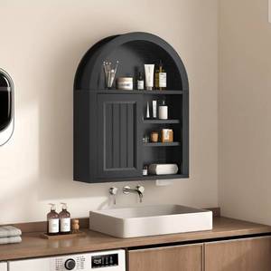 lot 39257 image: Arched Bathroom Wall Cabinet, 23.6 x 30.3 Over The Toilet Cabinet With Sliding Barn Door, Adjustable Shelf, Wall Mounted Cabinets for Bathroom Laundry Room Kitchen (Black,Sliding Door, 30IN) - Retail $68