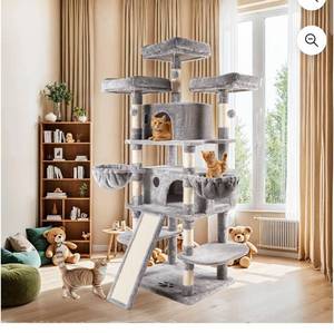 lot 39259 image: Allewie 68 Multi-Level Large Cat Tree and Tower with Cat Condo House, Scratching Posts & Board, Gray - Retail $0