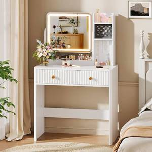 lot 39266 image: Fluted Vanity Desk with Mirror and Lights, Small Makeup Vanity with 2 Drawers and Jewelry Storage Cabinet, 3 Lighting Modes Adjustable Brightness, Dressing Table for Bedroom - White - Retail $167