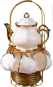 lot 39267 image: 13PCS Coffee Cup Set, Tea Cup Set, Ceramic Modern Tea Cup and Tea Set (White Gold Border) - Retail $72