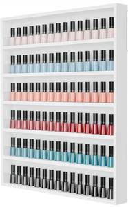 lot 39269 image: OmySalon Nail Polish Organizer Wall Mount - Holds 120 Bottles with Acrylic Barrier, Salon Display Rack for Home Spa & Nail Studio - Assembly Required, Wooden Polish Storage (White, 6-Tier) - Retail $0