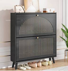 lot 39271 image: Shoe Storage Cabinet for Entryway with 2 Flip Drawers, Narrow Wood Shoe Cabinet with Fluted Panel, Freestanding Hidden Shoe Organizer for Foyer, Hallway (Black - No Shelf) - Retail $98