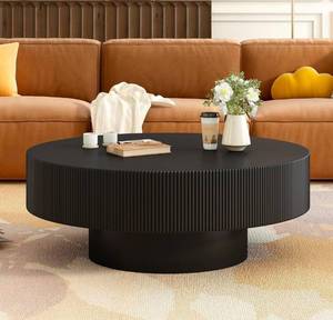 lot 39273 image: Round Drum Coffee Table, Modern Handcraft Fluted Drum Coffee Table, Wooden Round Coffee Table Center Table Cocktail Table with Stable Pedestal for Living Room Apartment (Black) - Retail $142