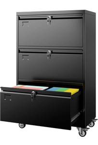 lot 39274 image: 3 Drawer Lateral File Cabinet with Wheels, Lockable Metal Filing Cabinet for Home Office, LegalLetter Size,Black,Required Assembled - Retail $169